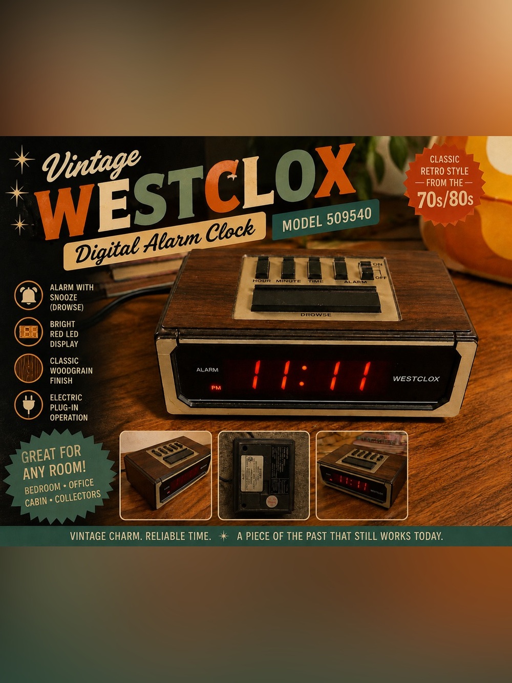 Vintage Westclox Woodgrain Digital Alarm Clock – Retro LED Display